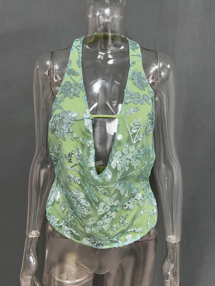 Mozision Glitter Deep V Neck Sexy Tank Tops Women Vest Pullovers Summer New Sparkle Backless Cropped Tops Elegant Beach Tops Avocado Green
