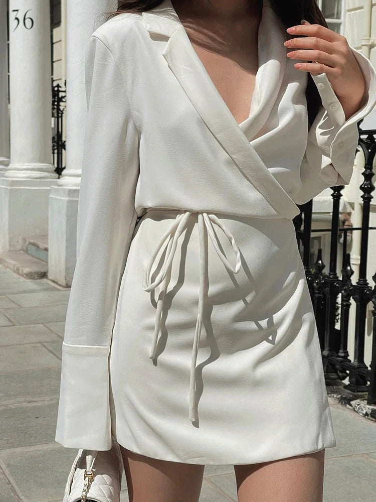 Julissa Mo Black Satin V-Neck Shirt Dress Women Spring Flare Sleeve Lace Up Mini Dresses Elegant Ladies Party Vestidos