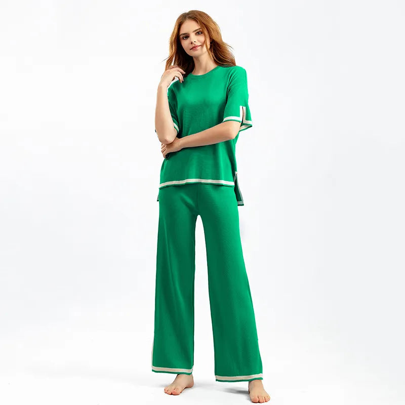 WAYOFLOVE Spring Autumn Knitted Sweater Women Two Pieces Sets O-Neck Loose Pullovers Sweater Tops & Wide-Leg Pants Knitwear Suit
