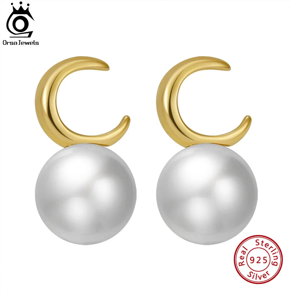 ORSA JEWELS Elegant 14K Gold Plated Freshwater Pearl Earrings for Women Moon Shape Baroque Pearl Eardrop Fashion Jewelry GPE30