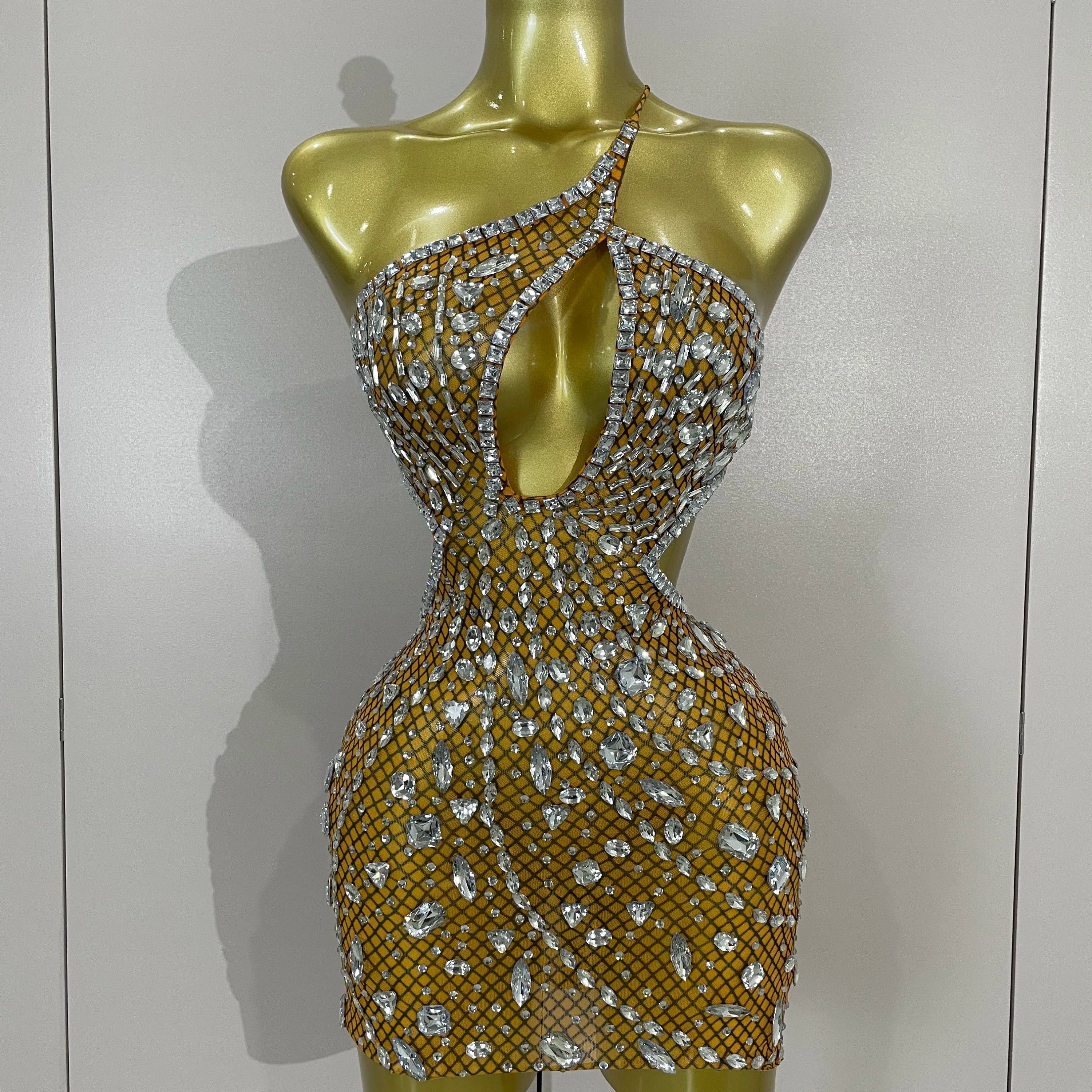 2025 Luxury Sexy Backless Hollow Out Sparkle Diamond Evening Prom Women Birthday Celebrate Stage Nightclub Outfit Gold