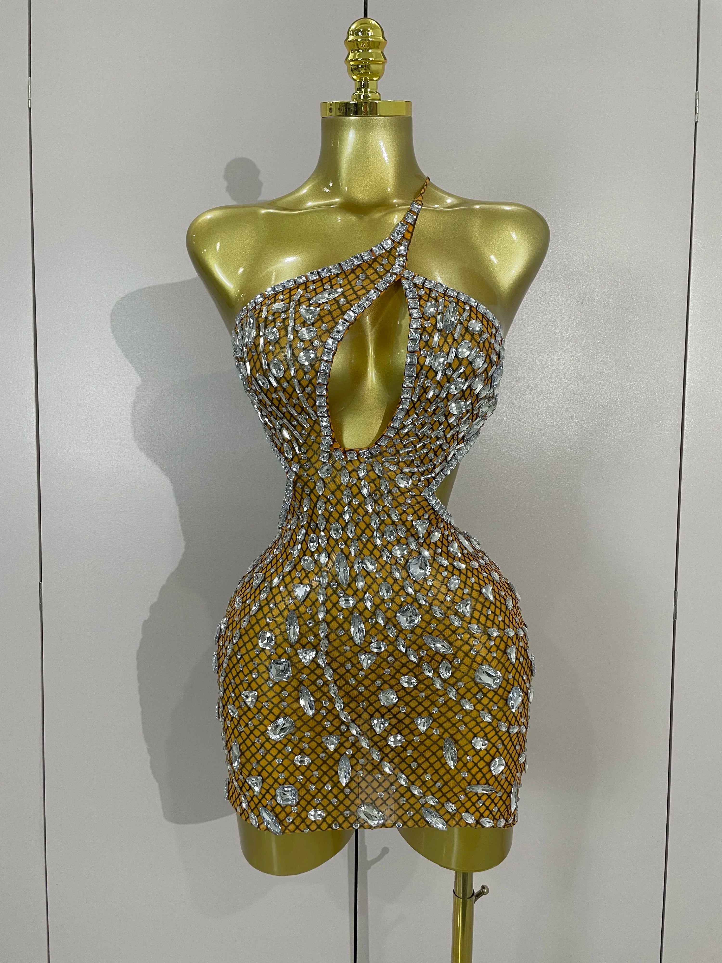 2025 Luxury Sexy Backless Hollow Out Sparkle Diamond Evening Prom Women Birthday Celebrate Stage Nightclub Outfit Gold