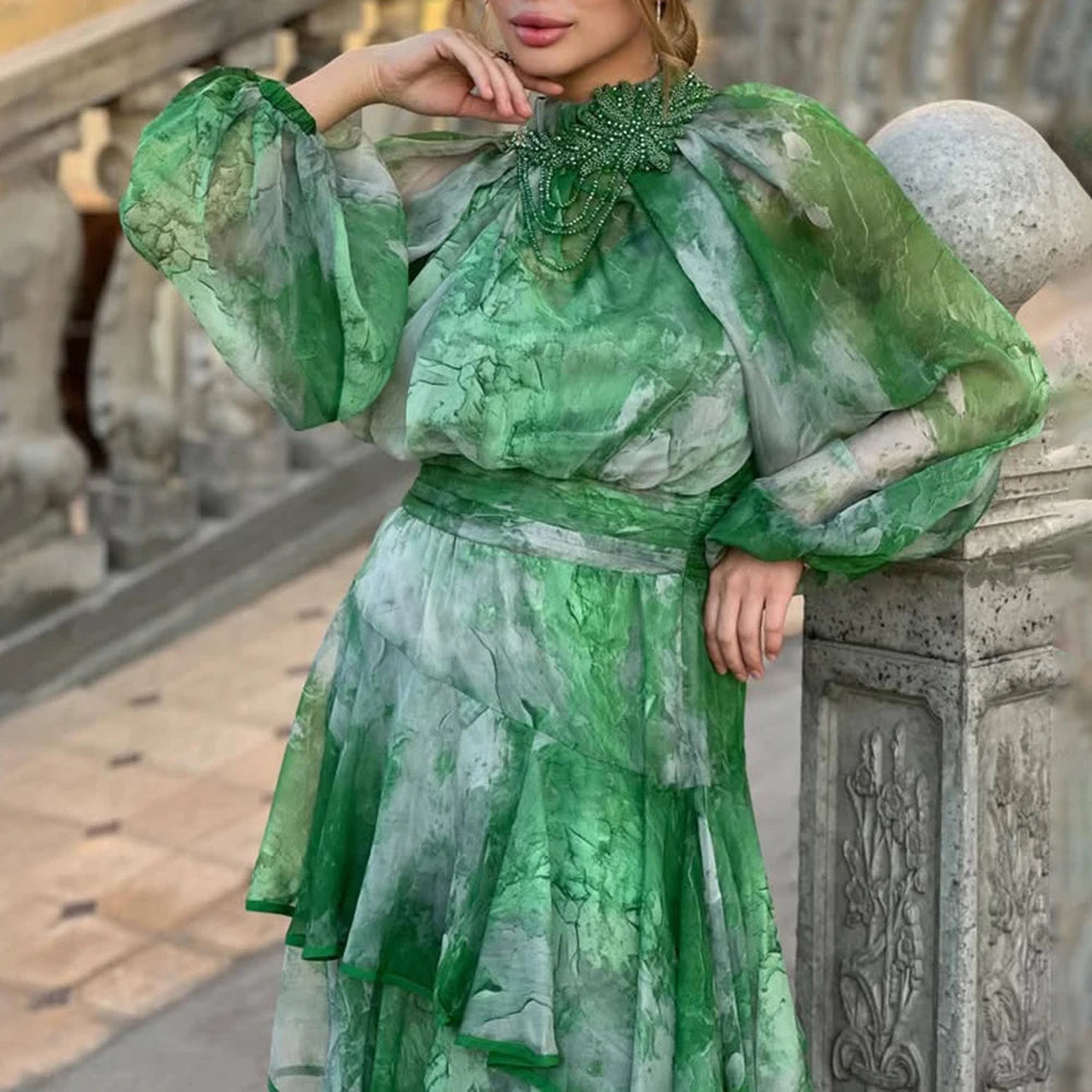 Hit Color Sheer Spliced 3D Flower Dresses for Women Round Neck Long Sleeves Patchwork Ruffles Folds Dress Female