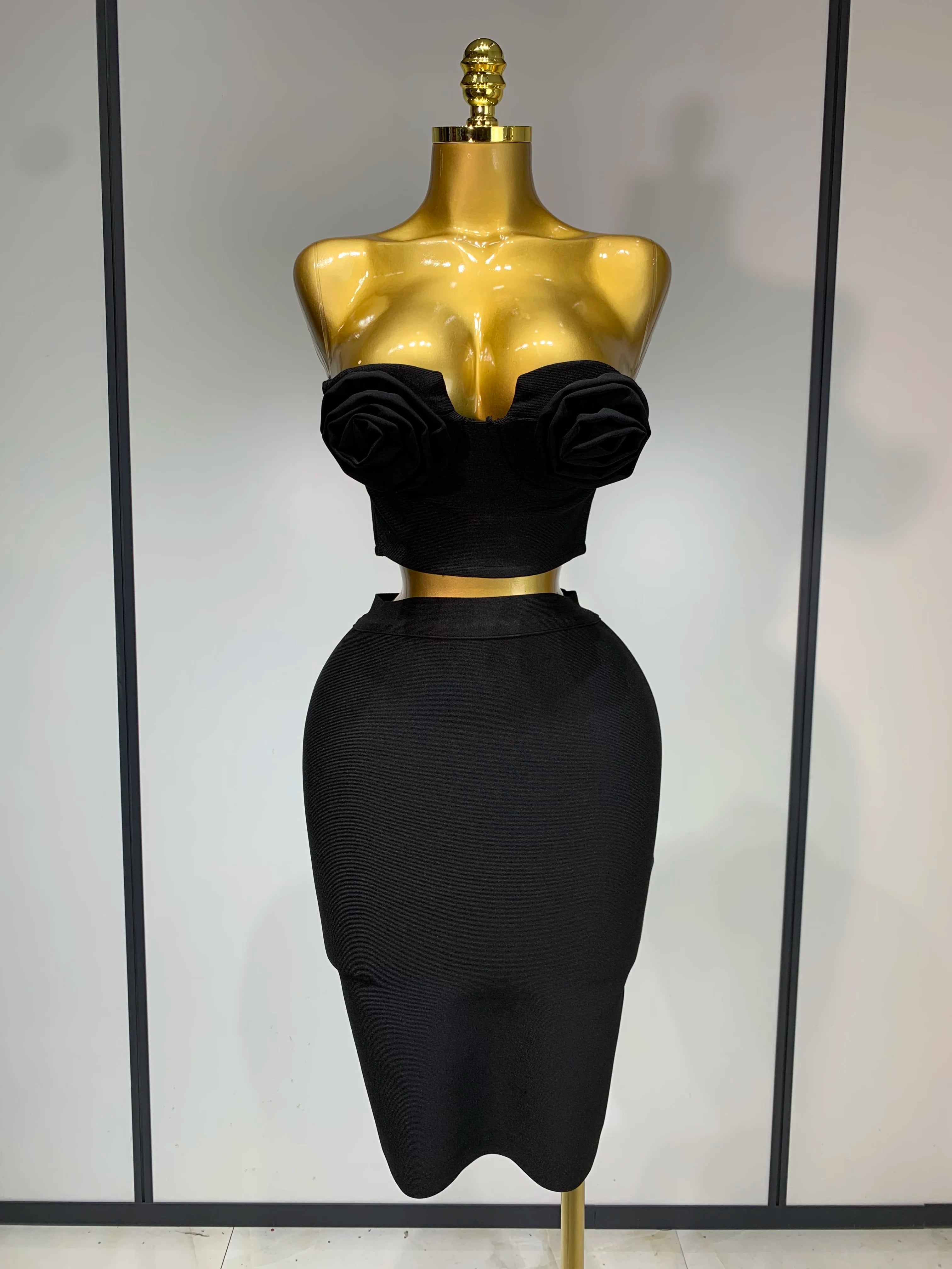 2025 Women 3D Flower Black Bodycon Bandage Two Piece Set Designer High Waist Evening Party Club Birthday Skirt Set black