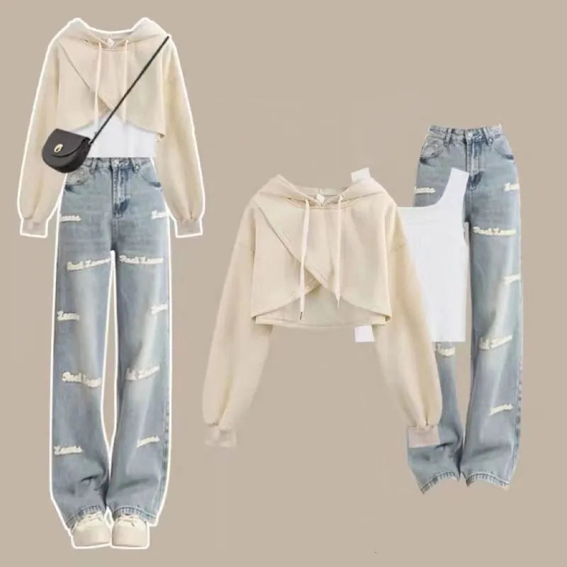Women's 2024 Autumn New Matching Set Korean Elegant Short Sweater+Tank Top+Letter Jeans Three Piece Female Chic Denim Pants Suit Set 03