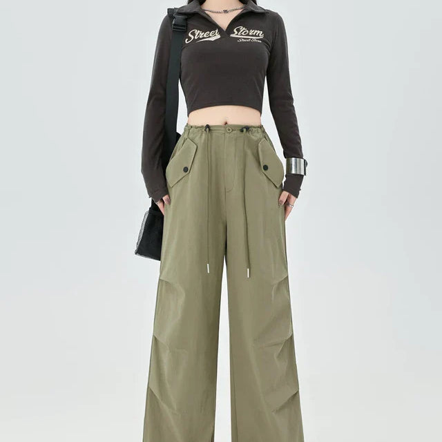 Women's High Street Casual Overalls 2000S Solid Color Loose Wide Leg Pants American Retro Punk Y2k Drawstring Cargo Pants green