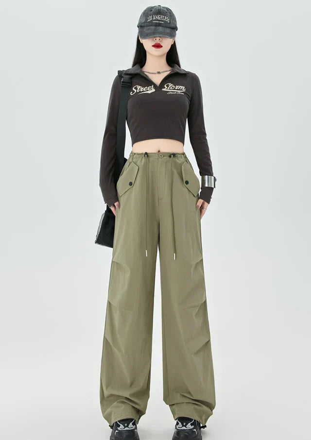 Women's High Street Casual Overalls 2000S Solid Color Loose Wide Leg Pants American Retro Punk Y2k Drawstring Cargo Pants green