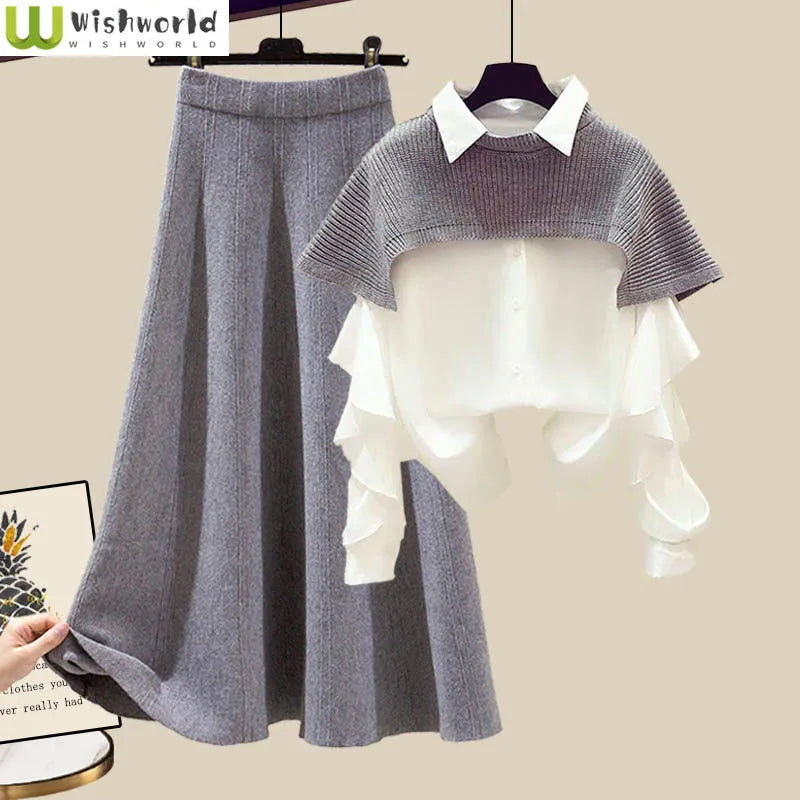 Spring and Autumn Suits Women's Fashion Waist Closing Slim Shawl Shirt Skirt Three Piece Set