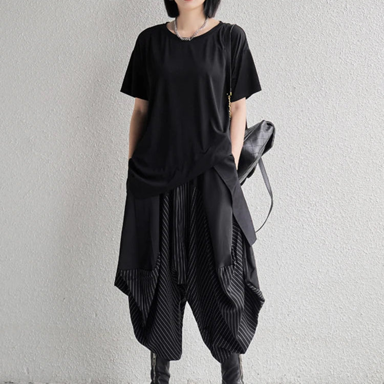 [EAM] High Elastic Waist Black Striped Spliced Harem Trousers New Loose Fit Pants Women Fashion Tide Spring Summer 1DE0542