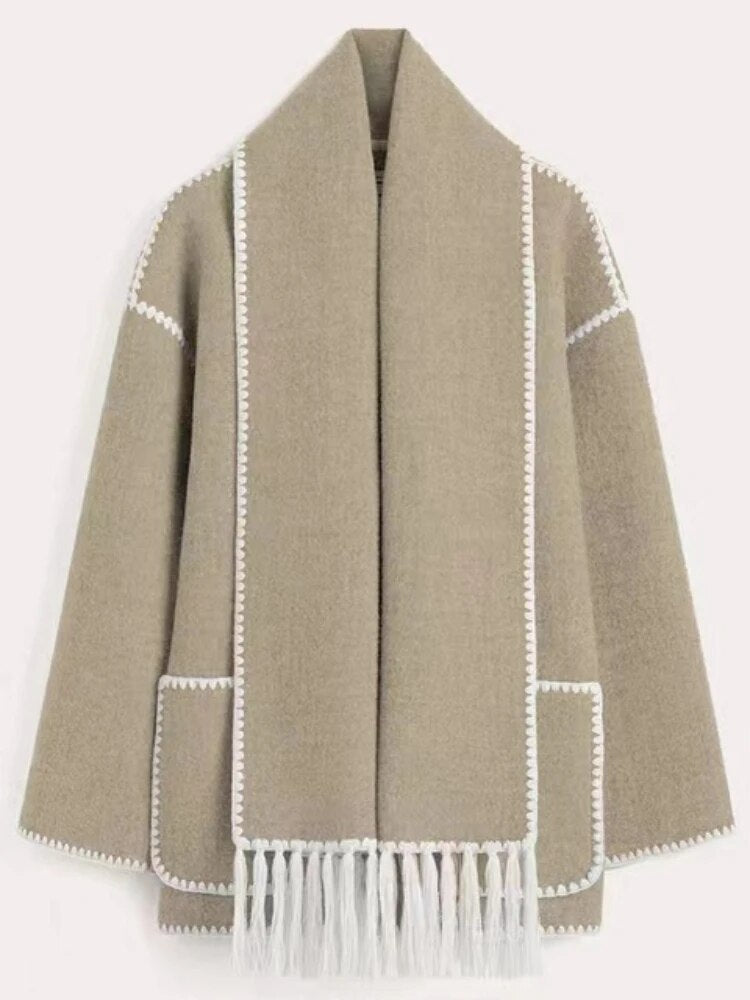 Woolen Jacket Women 2024 Autumn Winter Patchwork Tassel Coats Casual Fashion Long Sleeve Loose Top Warm Women's Suit Streetwear