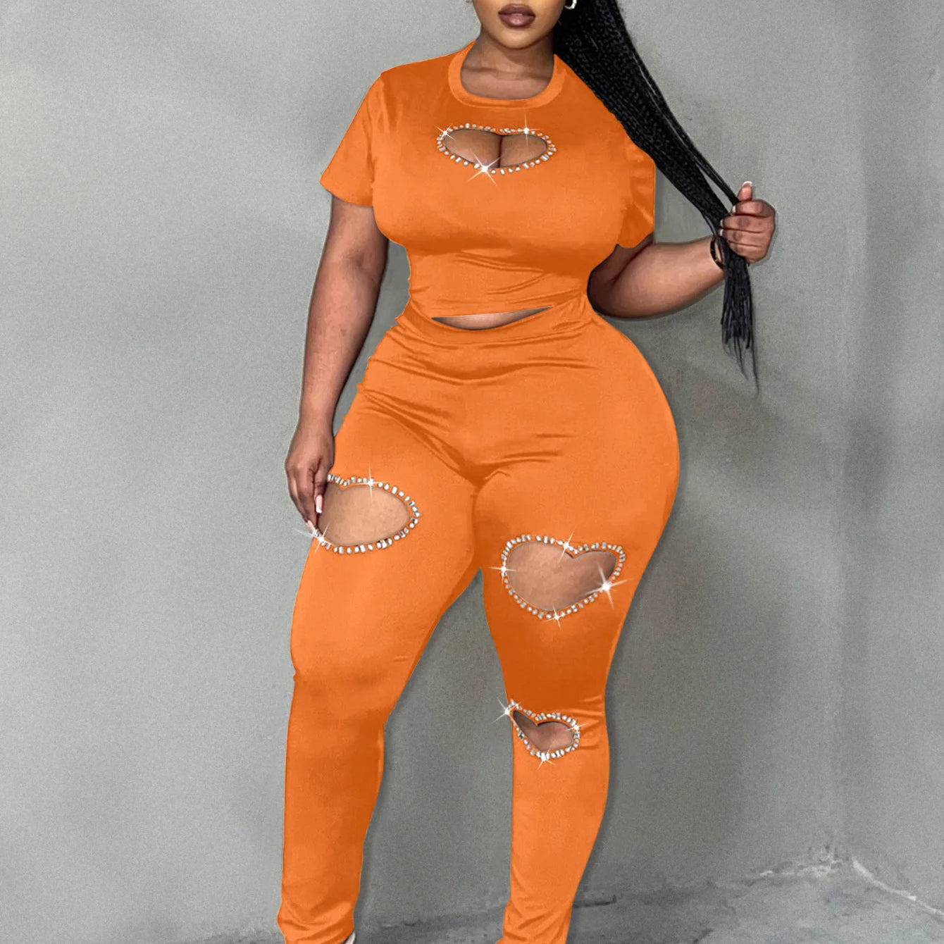 LW Plus Size Two pieces sets short sleeve Rhinestone top + Heart Cut Out Pants Set casual women‘s matching suit Autumn NEW Orange