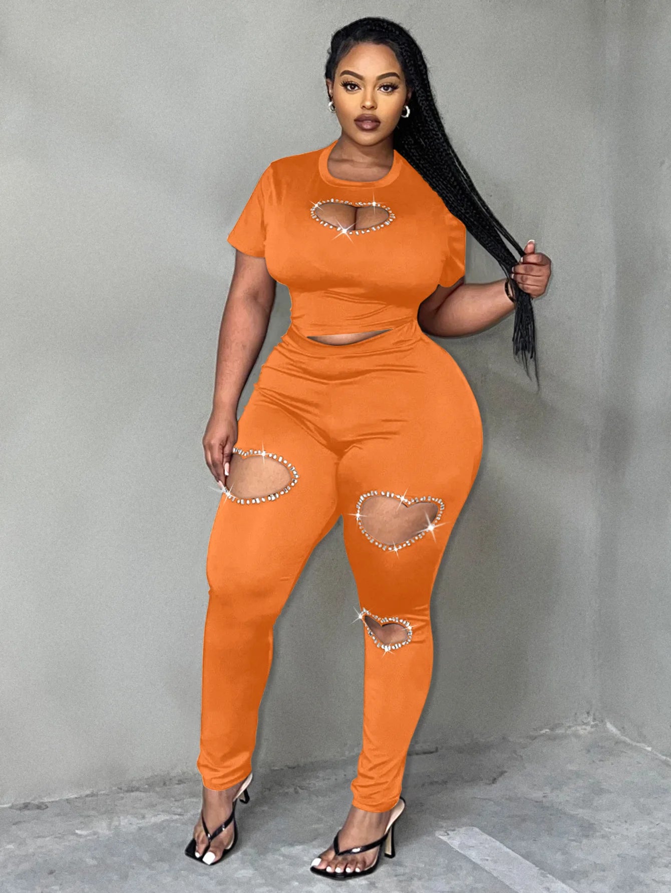 LW Plus Size Two pieces sets short sleeve Rhinestone top + Heart Cut Out Pants Set casual women‘s matching suit Autumn NEW Orange