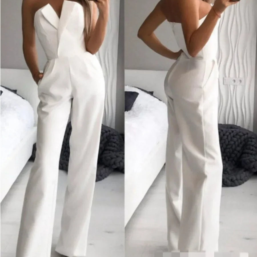 Women's Elegant Jumpsuits Solid Off Shoulder Sexy Club Jumpsuit Female Sleeveless High Waist Slim Wide Leg Jumpsuit Pants