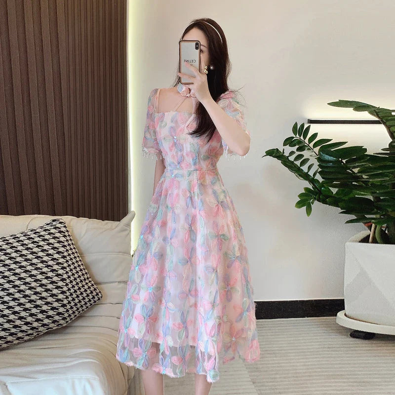 Elegant Sweet Spring Pink Mesh Party Long Dress Women Ruffled Collar Embroidery Flowers Beaded Tassel Short Sleeve Party Clothes