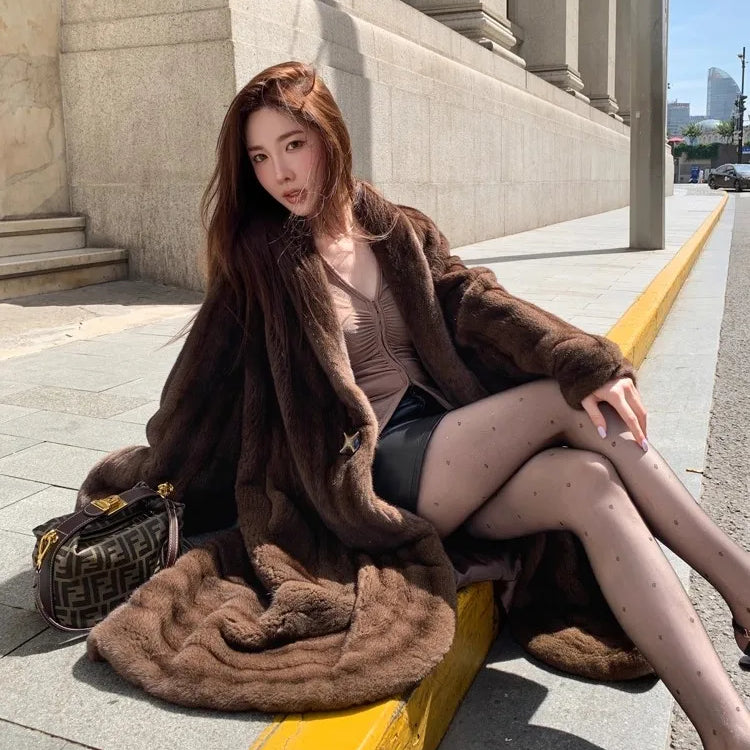Lautaro Winter Long Luxury Elegant Stylish Thick Warm Fluffy Soft Brown Faux Mink Fur Coat Women Shawl Collar Furry Overcoat