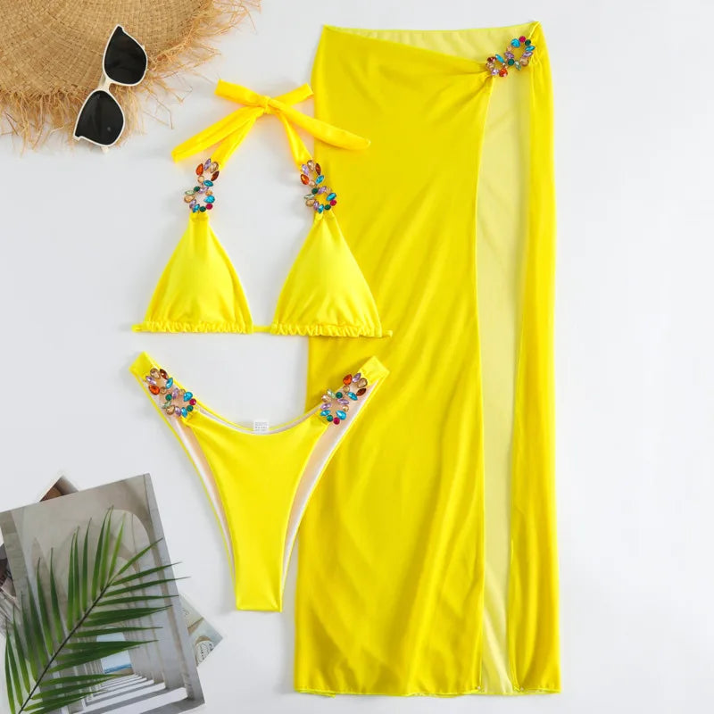 Yellow Sexy Rhinestones Bikinis  Women Swimwear Female Swimsuit Swimming Bathing Suits Brazilian Bikini Set Beachwear Bather