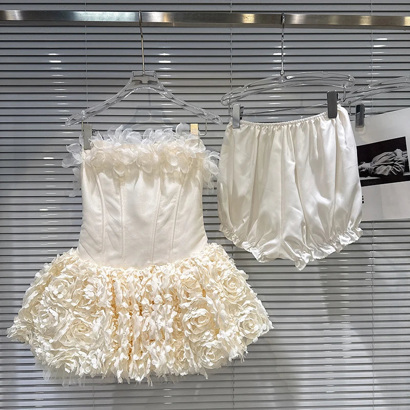 Winter New Sweet Temperament Chiffon Three-Dimensional Flower Fishbone Dresses For Women With Shorts Dress 11A07753