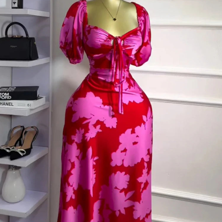 Women Floral Printed Lantern Half Sleeve Tie Up Long Maxi Dress 2025 Birthday Evening Sexy club Party Dresses Vestidos