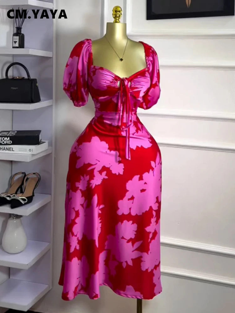 Women Floral Printed Lantern Half Sleeve Tie Up Long Maxi Dress 2025 Birthday Evening Sexy club Party Dresses Vestidos