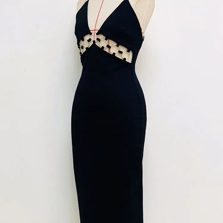 Ailigou Women's Fashion Black Sexy Deep V Neck Sleeveless Gold Ring Hollow Out Backless Skinny Mid Length Celebrity Party Dress