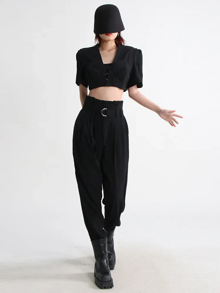 VGH Slim Two Piece Sets For Women V Neck Short Sleeve Crop Tops High Waist Spliceed Belt Wide Leg Pants Casual Set Female 2023