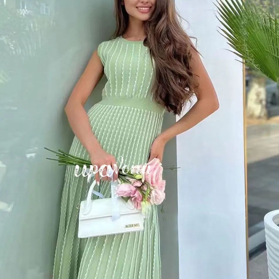 2024 New Listing Elegant Striped Knit Dress Women O-neck Sleeveless A-line Dresses Club Evening Party Midi Vestido