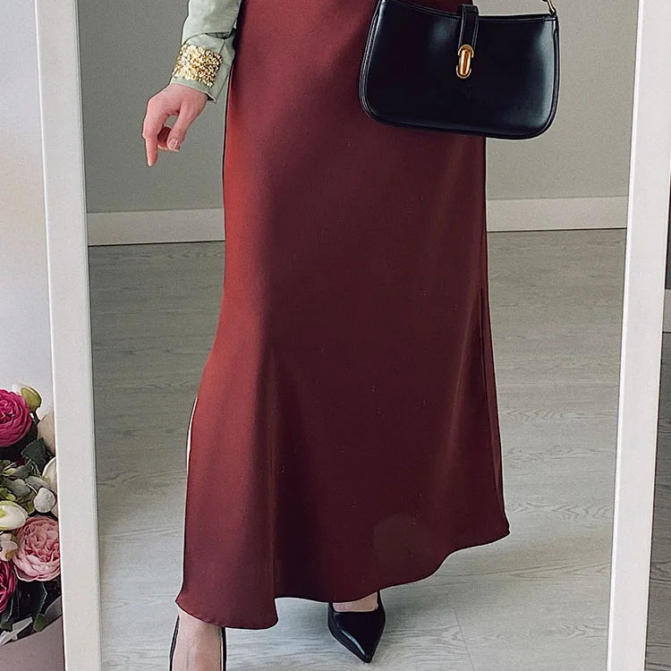 Silk Satin Skirts for Women Summer Casual Style A-line Solid Color Elastic High Waist Side Slit Champagne Skirt