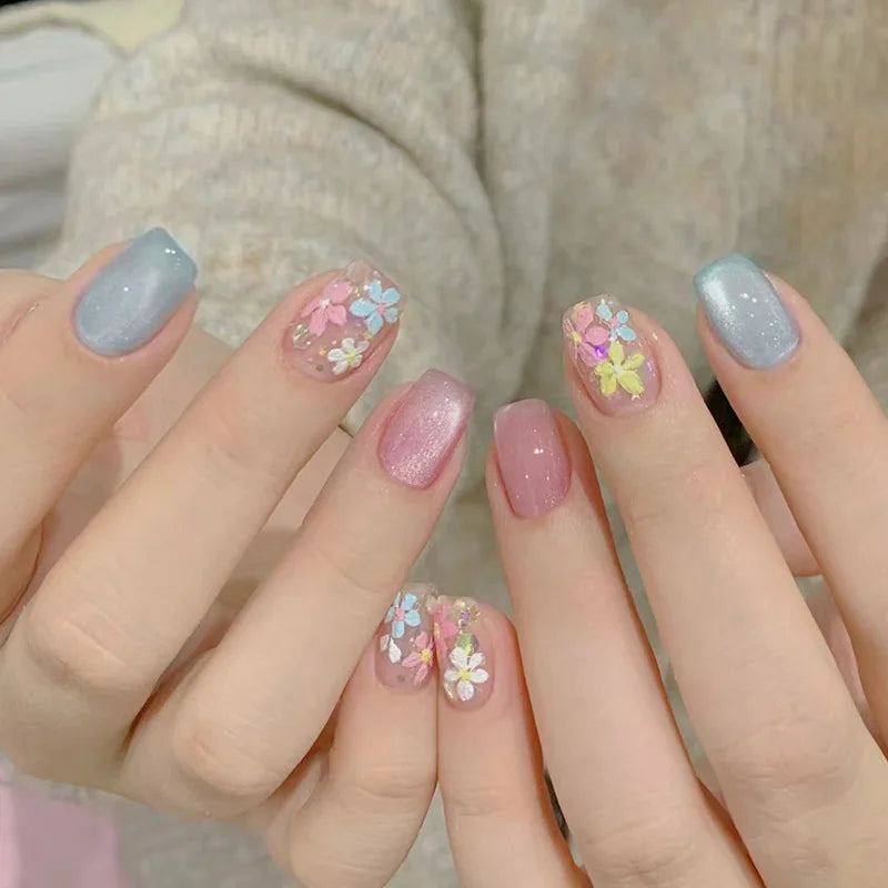 24pcs/set Medium long fake nails yellow dragon flowers feather design for Spring summer Square almond tips press on false nail 2186