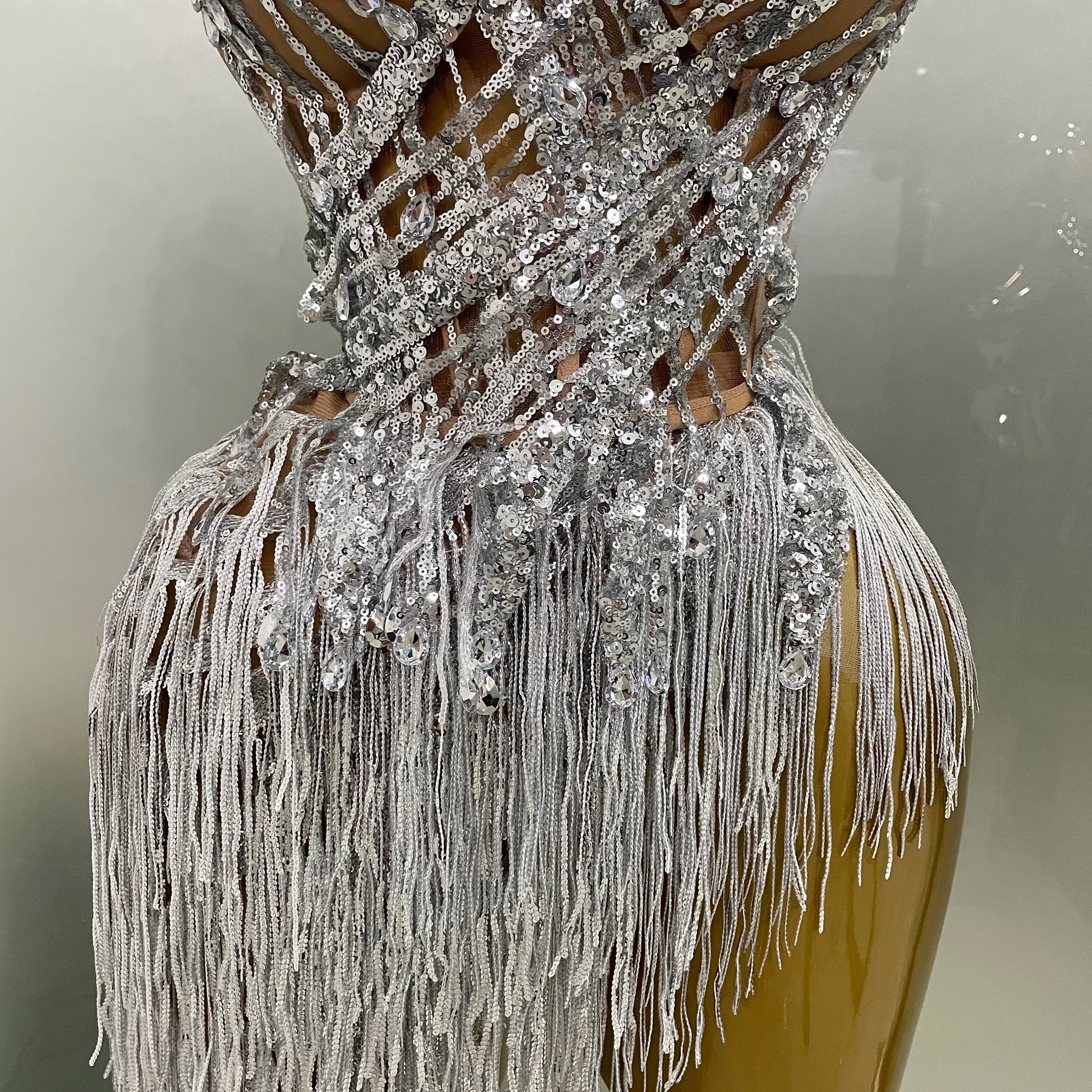 2025 New Sparkly Rhinestone Sequin Tassel Sexy Mini Skirt Two Pieces Set Women Birthday Celebrate Party Nightclub Stage Costume