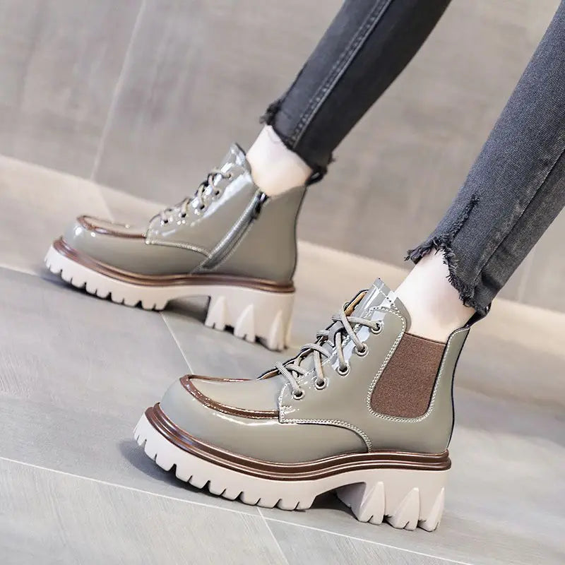Punk Style Combat Platform Female Ankle Boots Chunky Elastic with Laces Lace-up Booties Footwear Short Shoes for Women New
