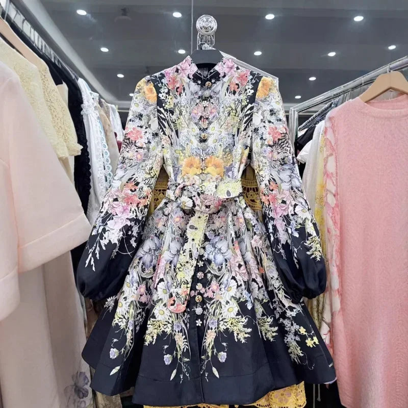 Women's Dress Floral Linen Elegant Short Dresses Casual Vacation Beach Party Dresses Woman Clothing Summer Skirt black