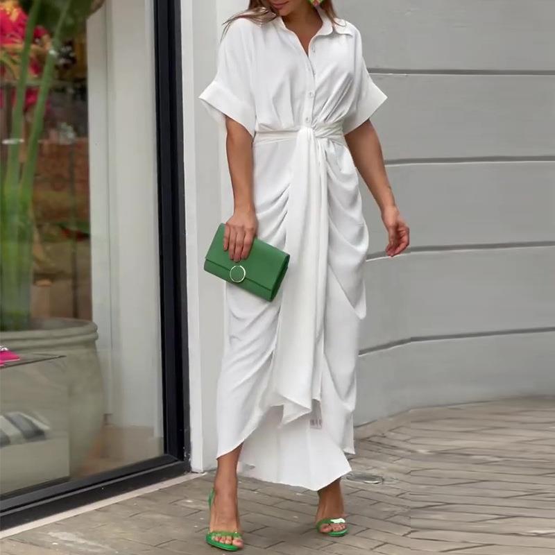 Women Sexy Bandage Shirt Dress Vintage Printed V Neck Ruched Long Dress Female Elegant Button Short Sleeve Beach Maxi Dress Robe EA05132-White