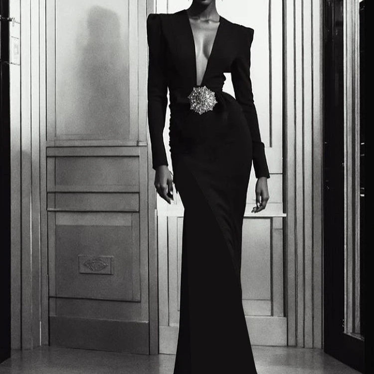 Black Maxi Dresses Women Sexy Deep V Neck Long Sleeves Gowns Runway Party Wear 2024 Spring New Fashion