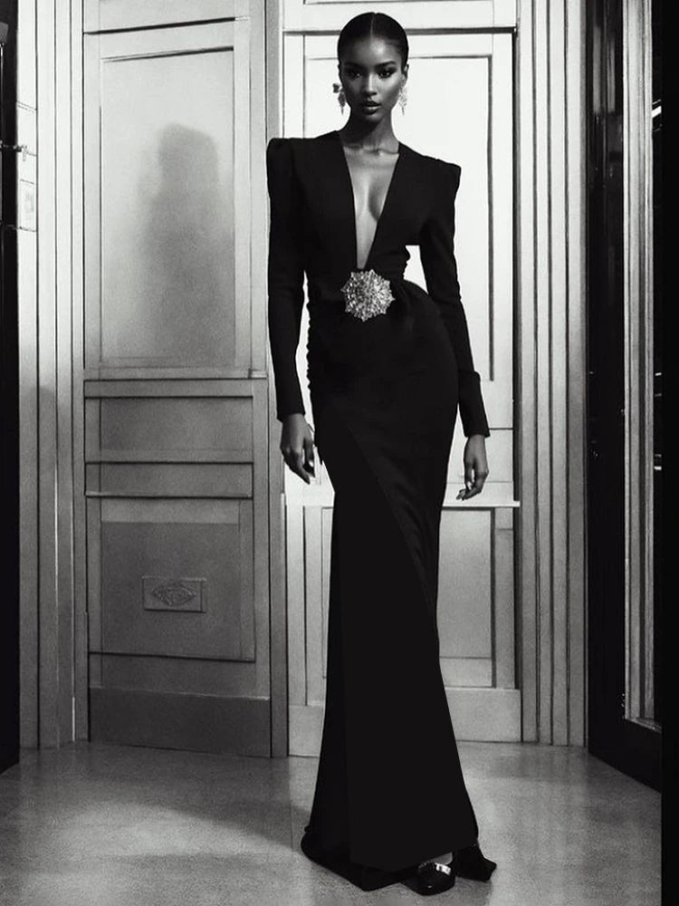 Black Maxi Dresses Women Sexy Deep V Neck Long Sleeves Gowns Runway Party Wear 2024 Spring New Fashion