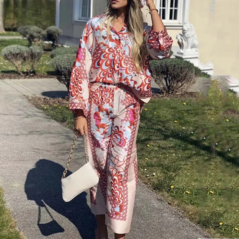 TRAF Woman Print Shirt Suit 2023 Spring Fashion Elegant Ladies Pants Set Lady Vinatge Beach Suits Two Pieces Sets