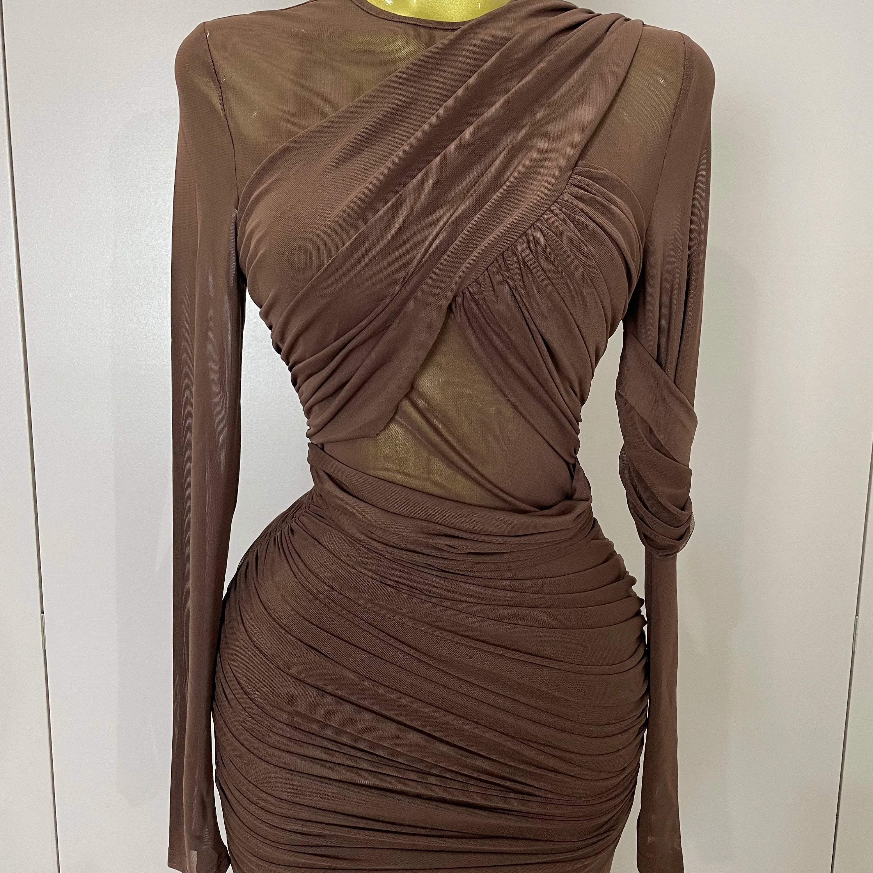 2025 Women Elegant Brown Mesh Fold Long Sleeve Bodycon Dress Evening Party Club Sexy Perspective Fashion Luxury Birthday Dresses
