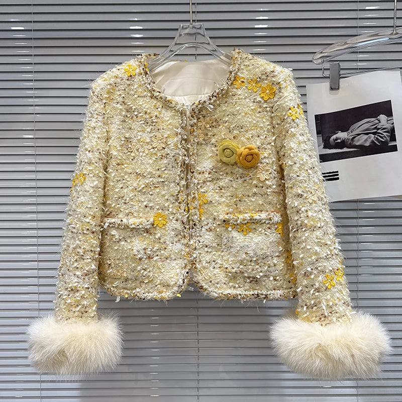 Winter New High-End Fashion Fox Fur Sleeve Tweed Cotton Liner Short Coat For Women Elegant Jacket Female 11A07868 Yellow