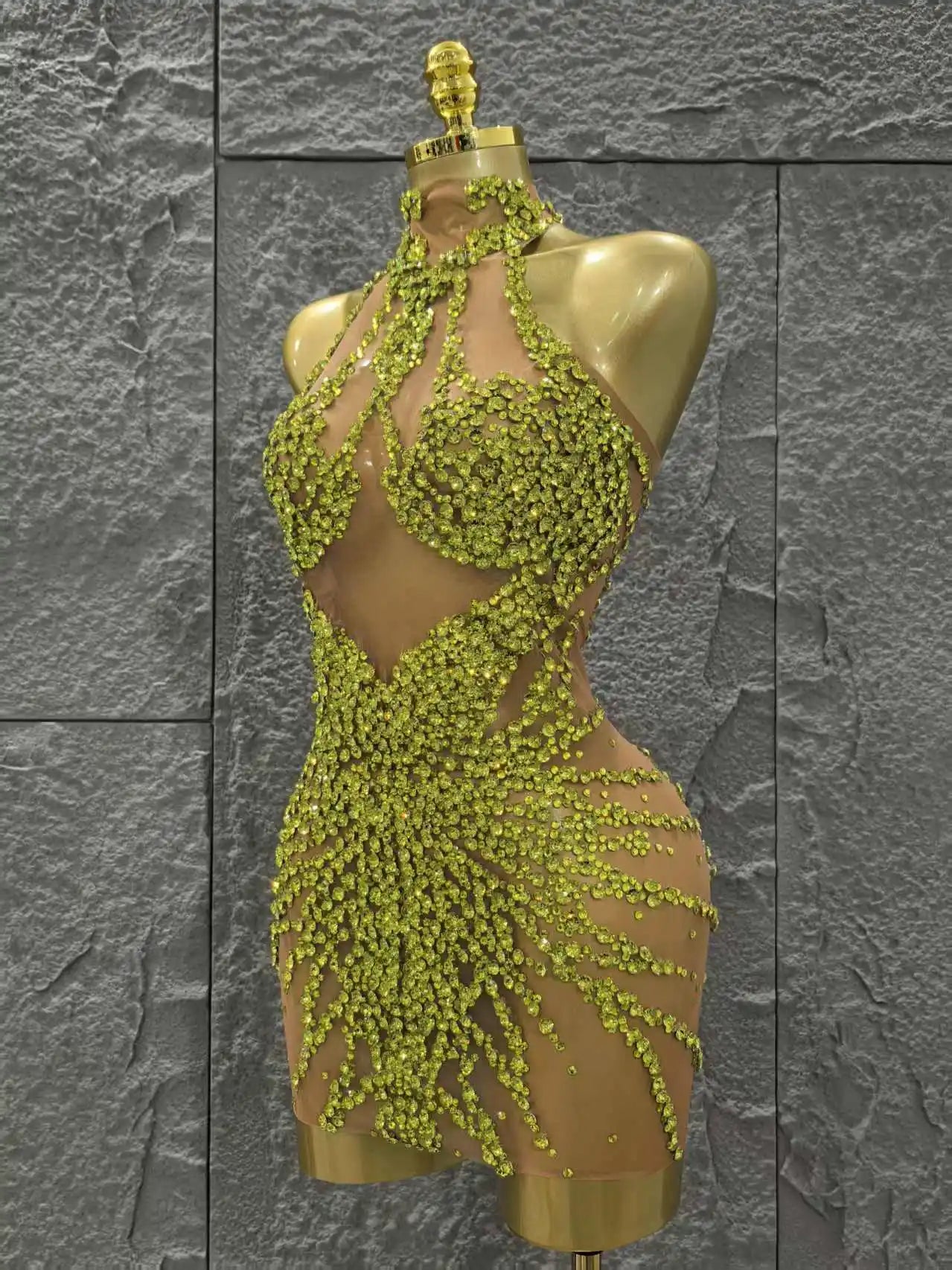 Shinning Crystal Women Sexy Sleeveless Mesh See Thorugh Bodycon Mini Dress Nightclub Party Bar Singer Performance Stage Wear