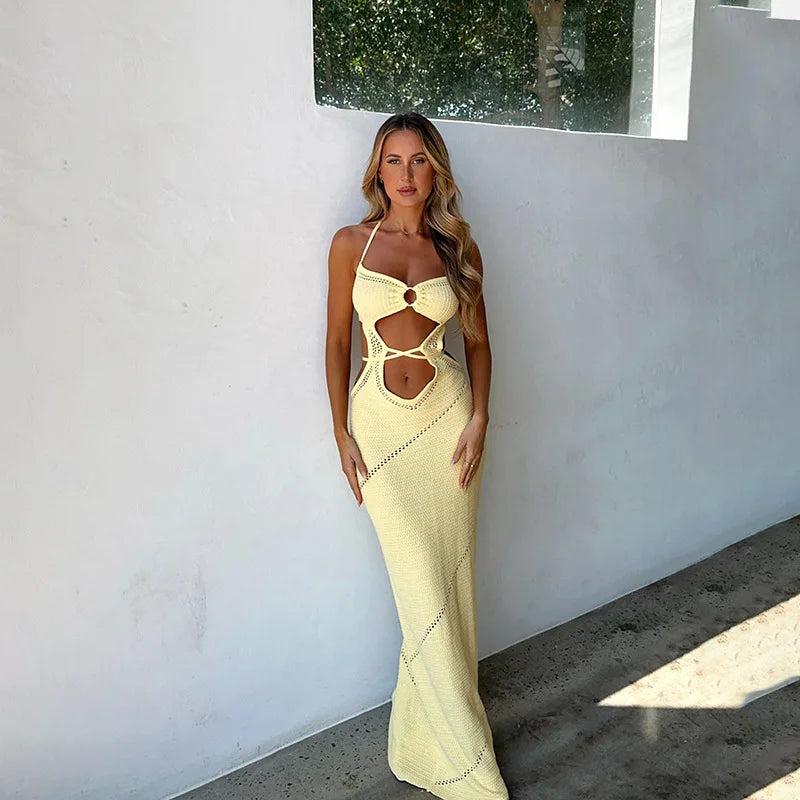 Yellow Knitted Beach Dress Women Fashion Halter Hollow Out Slim Long Dresses Summer Sexy Backless Holiday Party Outfits 2024 Yellow