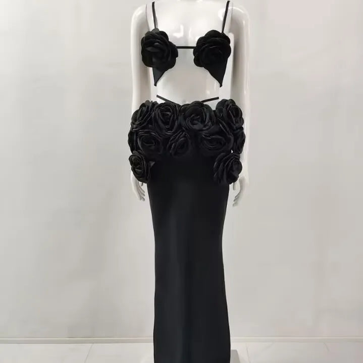 Black White Color Women Sexy Sleeveless V-Neck Bodycon 2 Pieces Bandage Long Dress Florals Celebrate Nightclub Party Outfit black