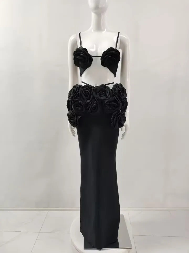 Black White Color Women Sexy Sleeveless V-Neck Bodycon 2 Pieces Bandage Long Dress Florals Celebrate Nightclub Party Outfit black