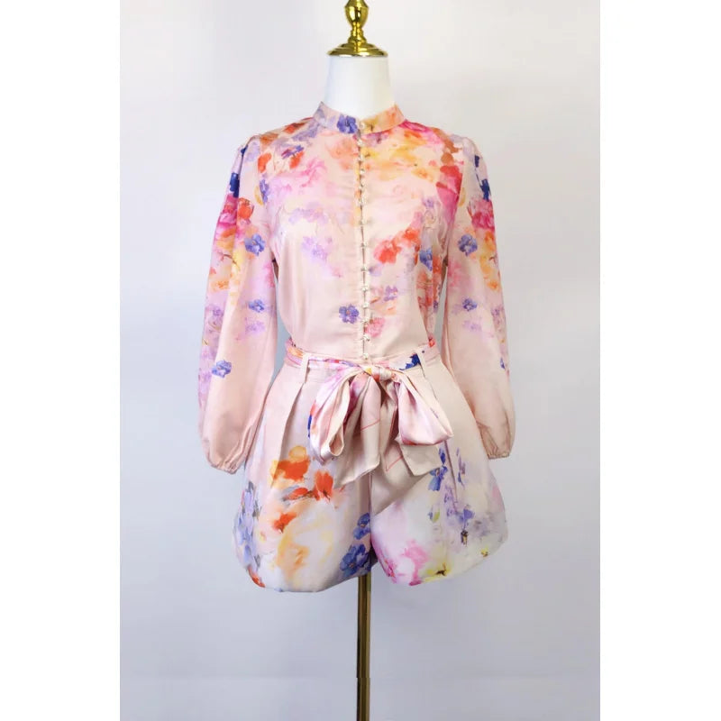 Real Shot Spot 2025 Spring and Summer Stand Collar Long Sleeve Shirt Top Wide Leg Skirt Pocket with Silk Scarf Belt Two-Piece Se