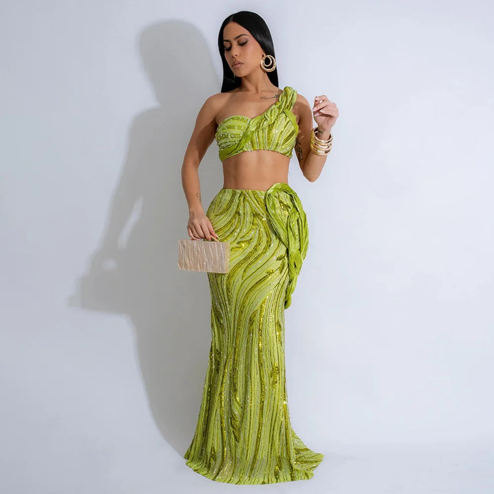 Women’s Dress Set Mesh Sequined Ribbon Sleeveless Strap Top + Long Skirts Sets 2 Two Pcs Sets Sexy Party Evening Oufits Green
