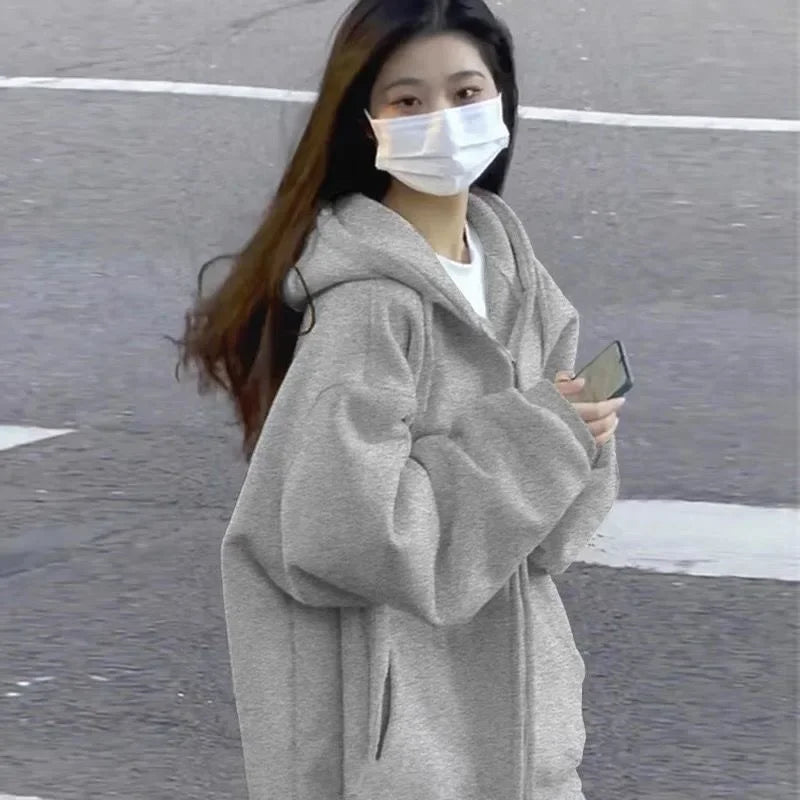 2023 Spring Autumn New Style Black Hooded Sweatshirt Women's Loose Fit Casual Fleece Lined Chic Niche Top Korean Version Jacket