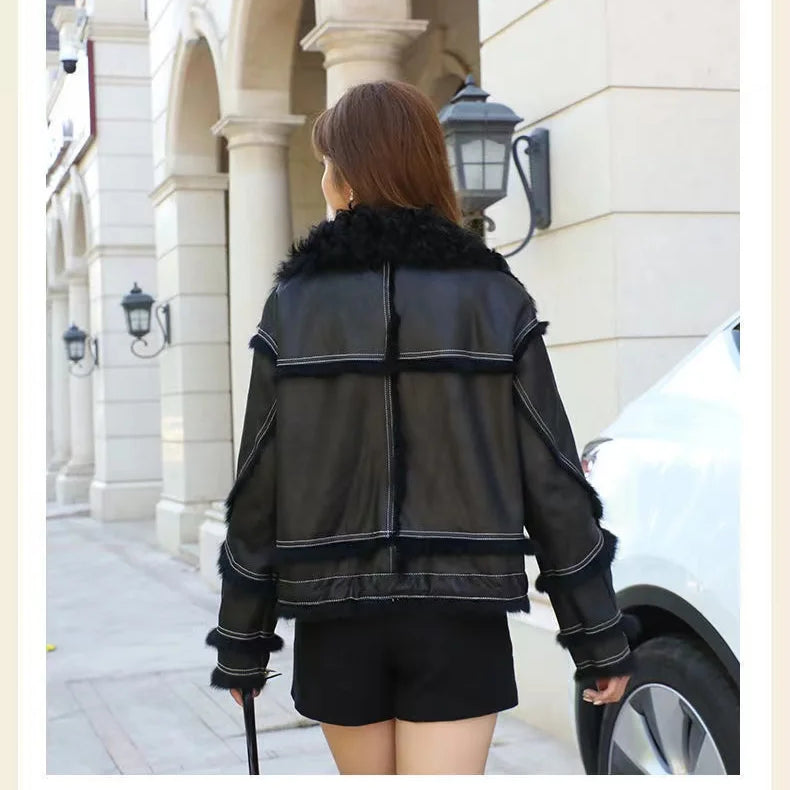 2023 Winter Short Women's Natural Rabbit Hair Lined Sheepskin Collar Coat Fashion Luxury Warm Leather Coat