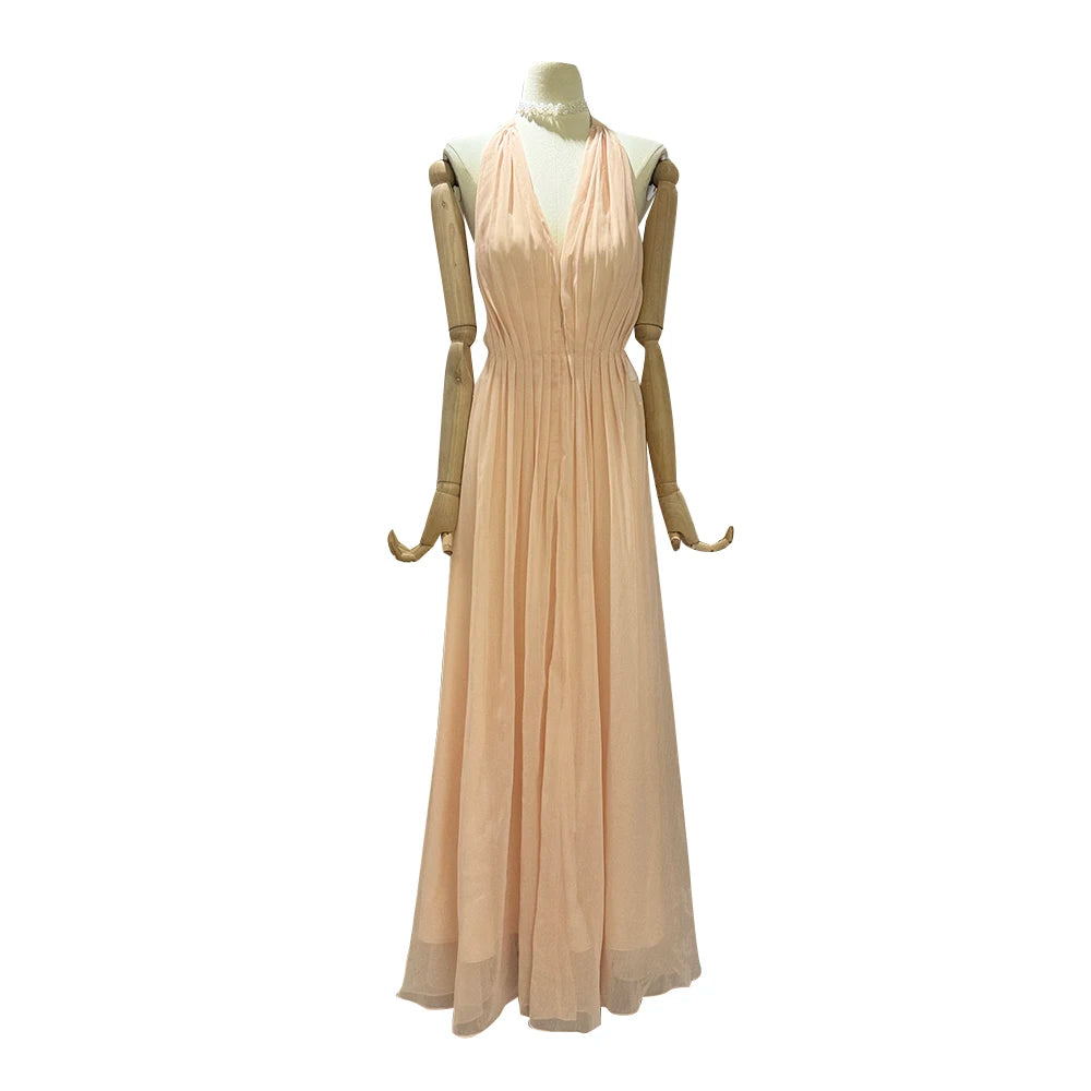 Solid Sheer Sexy Dresses for Women V Neck Sleeveless Nackless Patchwork Folds Temperament Dress Female Clothing New PINK