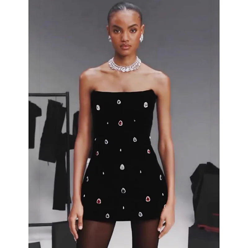 2025 New Shining Colorful Diamonds Strapless Black Bandage Mini Dress Fashion Woman Party Vestido Celebrity Birthday Outfit black