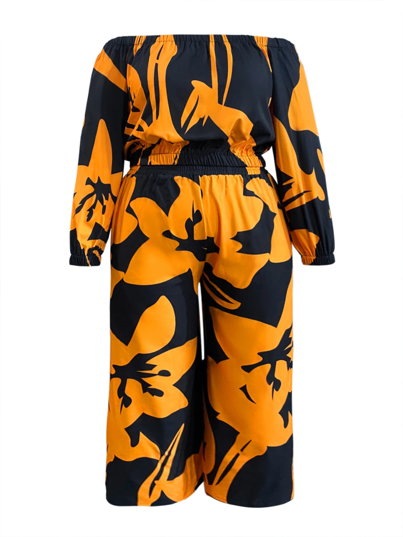 LW Plus Size Elegant Two pieces sets Off The Shoulder Floral Print Pants Set long sleeve color contrast Top + loose pants sets