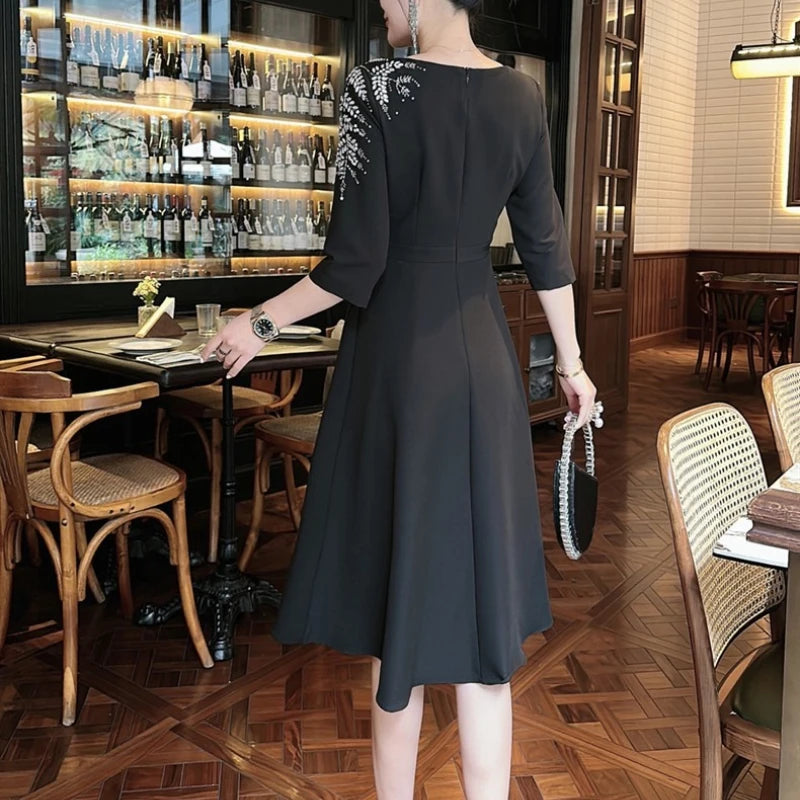 Solid Slimming Elegant Dresses for Women Slash Neck Half Sleeves Patchwork Bead Temperament Dress Female Clothing