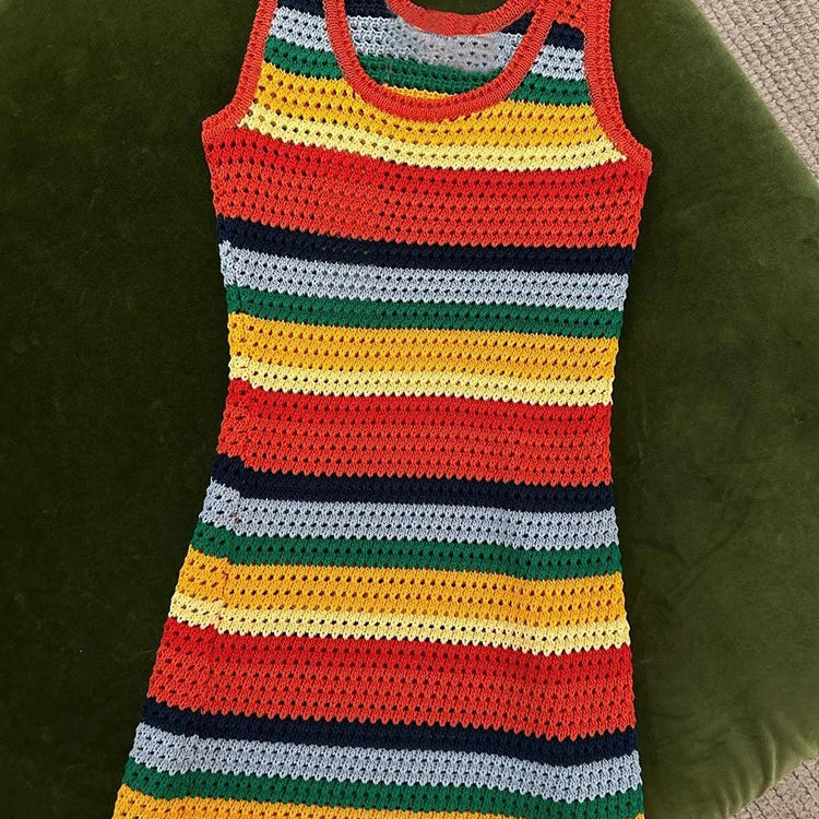 Sisterlinda Multicolor Stripes Skinny Mini Dresses Women Sleeveless O-Neck Body-Shaping Hip Skirts Ladies Party Clubwear Outfits